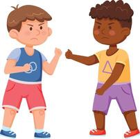 Two angry boys are fighting, quarreling and arguing, showing fists to each other, childish conflict and aggression, bad behavior, kids rivalry and misunderstanding, problem in communication vector