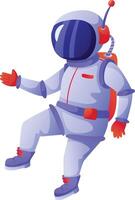 Astronaut in a vibrant spacesuit and helmet, complete with an antenna, is floating in the vastness of space while making an expressive gesture with a hand vector
