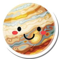 Cartoon representation of planet jupiter with a smiling face and rosy cheeks, designed as a sticker with white border, ideal for children's educational materials or space themed projects vector