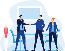Two businessmen are shaking hands after reaching an agreement during a business meeting, while a businesswoman observes, holding documents, in a modern office setting vector