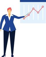 Businesswoman pointing at a projection screen displaying increasing statistics with a pointer, illustrating key growth trends during a professional business presentation vector