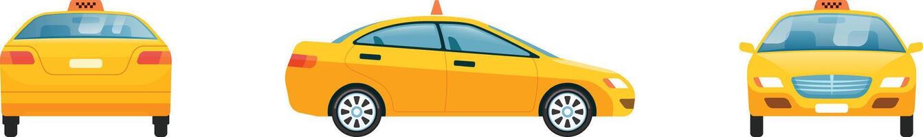 Three views of a generic yellow taxi cab, showing front, side, and rear, isolated on white background, useful for transportation and travel concepts vector