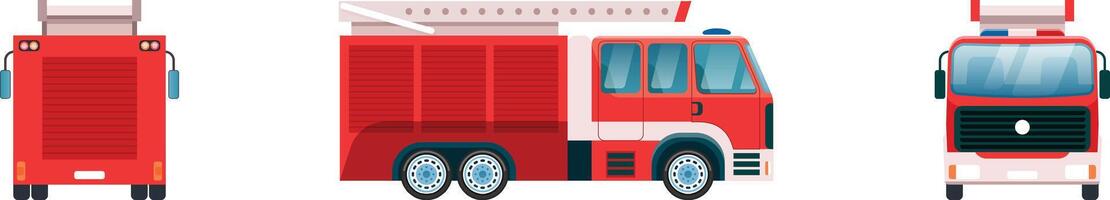Red firetruck with extendable ladder in three different positions, front, side, and rear view, isolated on a white background, useful for illustrating emergency services vector