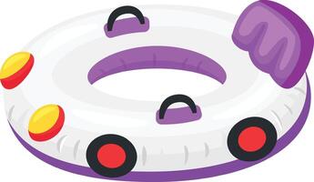 White and purple inflatable car shaped swimming ring with colorful details, handles, and a backrest, perfect for enjoying summer days in the pool vector