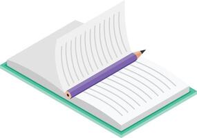 Open book resting on flat surface with purple pencil acting as bookmark, presented in isometric view, emphasizing learning, studying, and knowledge concepts vector
