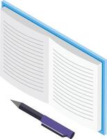 Open book resting on a white surface alongside a pen, highlighting the significance of literacy, education, and creative writing in fostering knowledge and inspiration vector