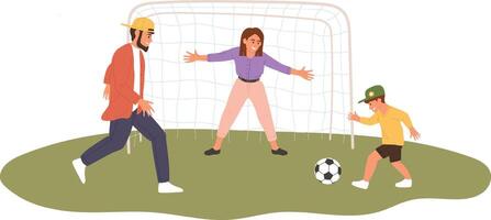 Father and mother playing soccer with their son in a sunny park, enjoying fun moments and exercising together near the goal, creating joyful memories as a family vector