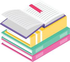 Isometric illustration presents a stack of colorful books, with an open book displaying its pages and a red bookmark placed on top, symbolizing reading, education, and knowledge vector