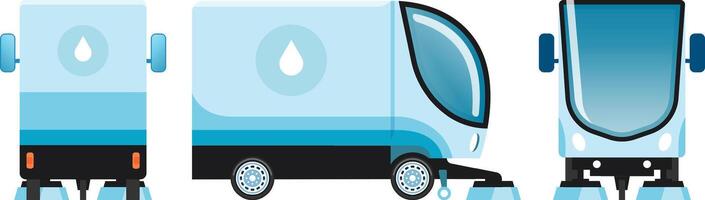 Three illustrations presenting different perspectives of a compact street cleaning vehicle, showcasing its design and functionality for urban hygiene vector
