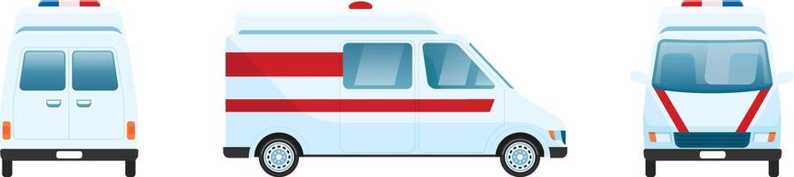 Profile, front and rear view of a white ambulance car with red stripes and flashing lights, providing a comprehensive representation of the vehicle's design and features vector
