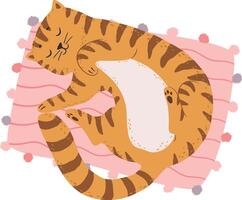 Cute ginger tabby cat sleeping peacefully on a pink cushion, enjoying a relaxing nap, curled up and cozy, creating a heartwarming scene of feline contentment vector