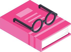 Pair of round reading glasses sits atop a closed pink book, inviting viewers to imagine diving into its pages, in an isometric perspective vector