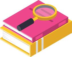 Magnifying glass is placed on two stacked books, symbolizing research, studying, and knowledge exploration in educational or academic settings vector