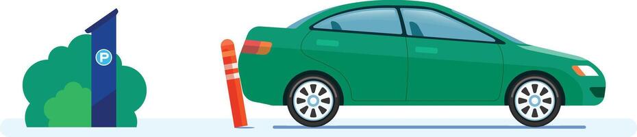 Green car colliding with a bollard while parking incorrectly near a parking sign, illustrating the concept of a car crash, parking fail, and road accident vector