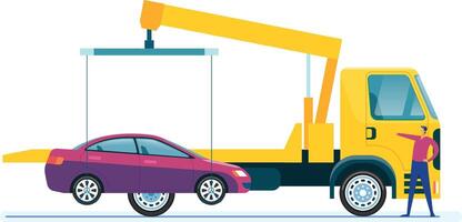 Roadside assistance worker directing a tow truck while picking up a broken car, emphasizing troubleshooting and car repair in an emergency situation on the urban street vector