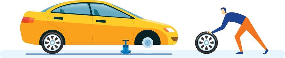 Mechanic changing a tire on a lifted yellow car, highlighting essential car maintenance and repair concepts in an automotive garage setting vector