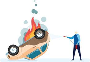 Firefighter using a fire extinguisher to extinguish flames on a burning overturned car, illustrating a car accident and insurance scenario with emphasis on emergency response and safety vector