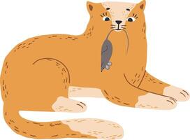 Cute ginger cat lying down holding a gray mouse in its mouth, simple cartoon illustration on white background, concept of pet, hunting, predator and prey vector