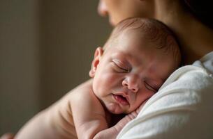 Peaceful newborn sleeping on parent's shoulder in soft lighting. Care Day photo