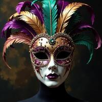 Intricate venetian mask with colorful feathers against dramatic backdrop. Mardi Gras photo