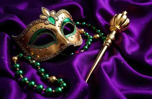 Elegant masquerade mask and scepter on purple silk background. Mardi Gras photo