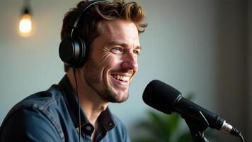 Enthusiastic podcaster engaged in recording session with professional microphone and headphones. Radio Day photo