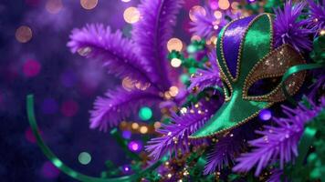 Vibrant mardi gras mask with purple feathers and festive lights photo