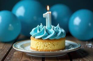 First birthday celebration blue themed cake with candle and balloons photo