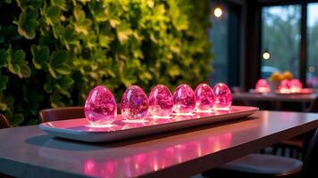 Elegant pink glass eggs displayed on a table in modern restaurant setting. Happy Easter Day photo