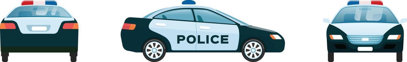Police car with flashing lights on the roof is patrolling the city streets, ensuring public safety and responding to emergencies, seen from front, side and rear vector