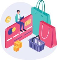 Client using laptop managing online payment for shopping with credit card, shopping bags, shopping basket and boxes representing secured online shopping and delivery vector
