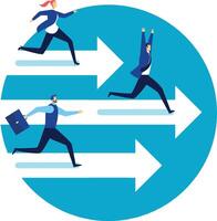 Businessmen and businesswomen running on white arrows over a blue circle following different directions representing different career paths, choices and opportunities in business and work vector