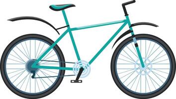 Light blue bicycle with mudguards, black tires, and visible gear shift mechanism resting on a white background, symbolizing active lifestyle and eco friendly commuting vector
