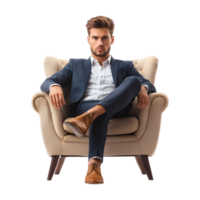 A man in a suit sitting on a chair png