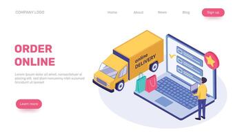 Isometric e commerce scene featuring a customer managing online delivery on a laptop with a checklist as a delivery truck approaches, highlighting efficient order fulfillment vector
