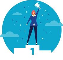 Successful businesswoman standing on the first place of the podium, holding up a trophy and celebrating victory under falling confetti with a blue sky and clouds in the background vector