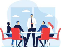 Office workers sitting at a table listening to their boss explaining something during a meeting in a modern office with windows, clouds and blue sky vector
