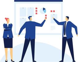 Business team analyzing financial charts and graphs showing company growth during a presentation meeting, discussing new marketing strategy and brainstorming new ideas vector