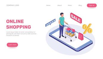 Isometric illustration depicting a customer pushing a shopping cart on a smartphone, highlighting online shopping, discounts, and a five star customer satisfaction rating vector