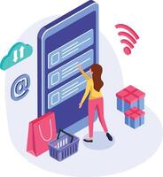 Online shopping concept showing a woman selecting items on a checklist displayed on a large smartphone, with shopping icons and gift boxes symbolizing e commerce and purchase vector