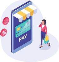 Shopper paying with credit card on smartphone, enjoying secure mobile shopping experience with discounts and convenient online payment technology vector