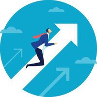 Businessman running along a giant upward arrow symbolizing career progression, achieving business goals, and experiencing financial growth in a competitive market vector