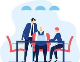 Business team collaborating on a project, using a laptop in a modern office meeting room, discussing strategies and analyzing data for effective teamwork and successful outcomes vector