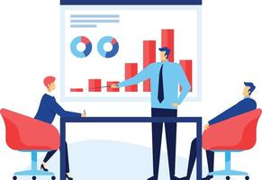 Business team analyzing financial charts and graphs showing company growth during a meeting, speaker pointing at a bar chart explaining data visualization vector