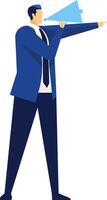 Businessman in a blue suit and tie speaking into a megaphone while pointing with an index finger, confidently directing attention and conveying an important message vector