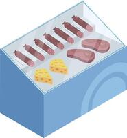 Refrigerated display case showing various types of sausages, cheese and steaks, offering a selection of fresh products for customers in a supermarket environment vector