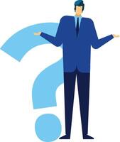 Businessman in a suit shrugging with a large question mark behind him, representing confusion, uncertainty, and the search for answers in business decision making vector