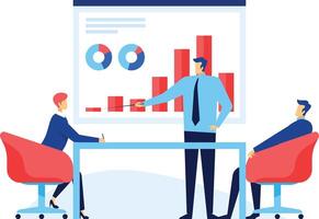 Business team discussing company strategy during a presentation meeting analyzing financial charts and graphs showing positive growth and taking notes vector