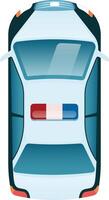 Top view illustration of a police car with flashing lights, showcasing its aerodynamic design and emergency signaling system against a clean white backdrop vector