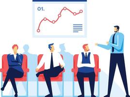 Business team listening to a presentation about a red graph showing performance, discussing results and profits during a business meeting in the office vector